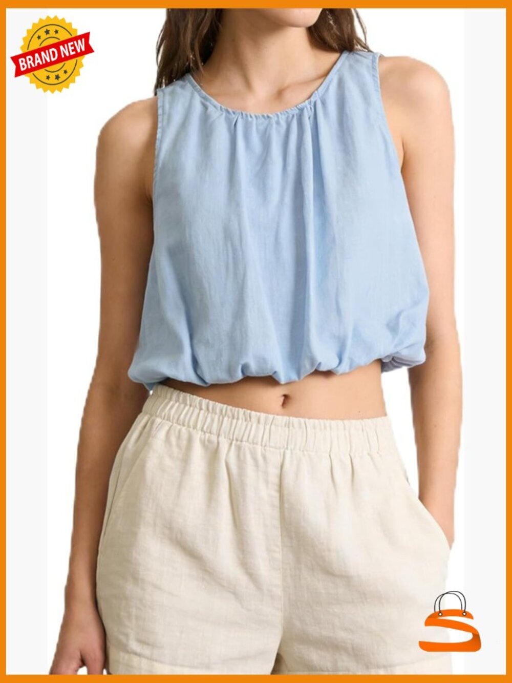 100% Linen Bubble Hem Crop Tank Top - Sleeveless Crewneck Blouse